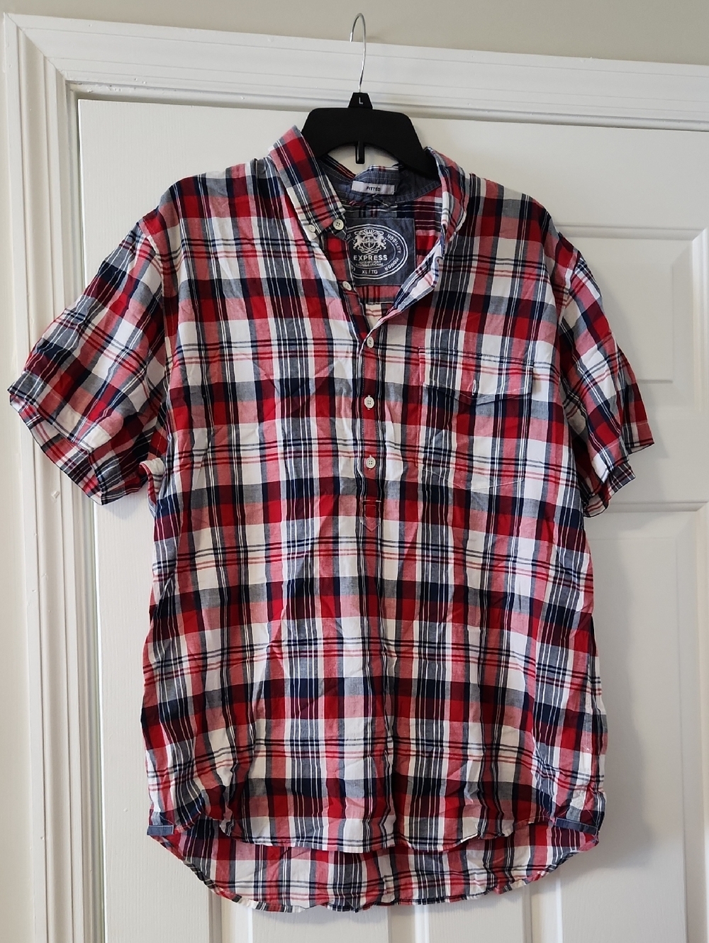 Express Men's Red and Blue Plaid Short-Sleeve Shirt